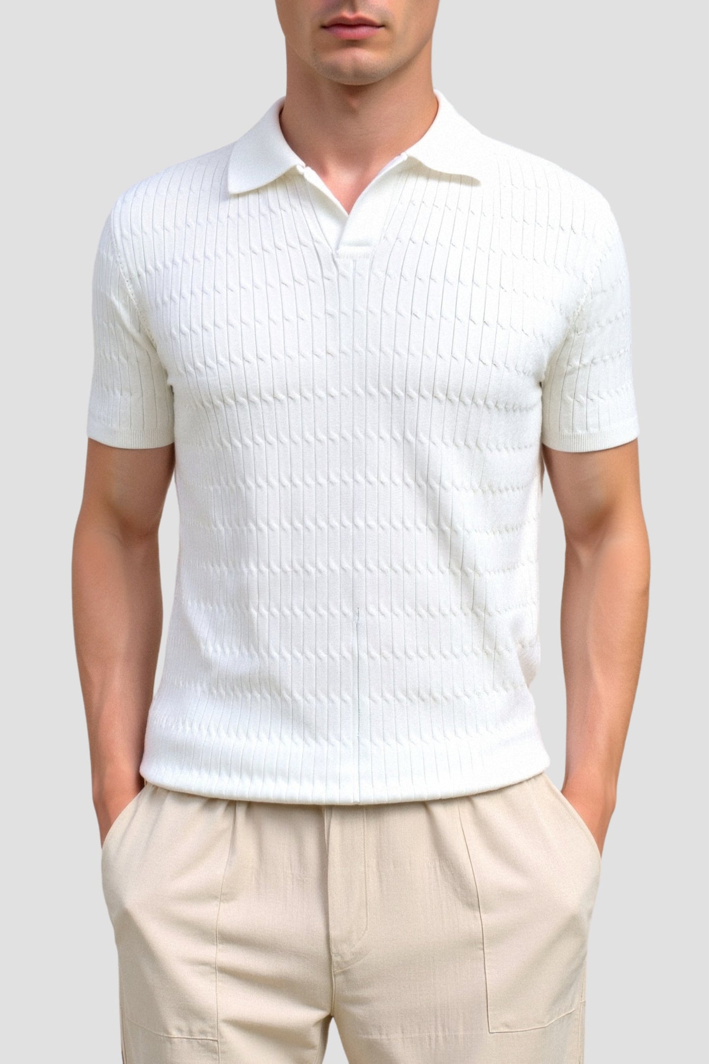Weißes Herren Poloshirt Gestrickt Strukturmuster