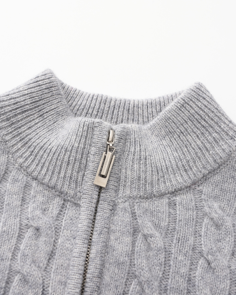 Herren Chasmere Pullover Kabelstrickmuster Halb Reißverschluss Beige