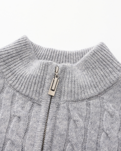 Herren Chasmere Pullover Kabelstrickmuster Halb Reißverschluss Beige