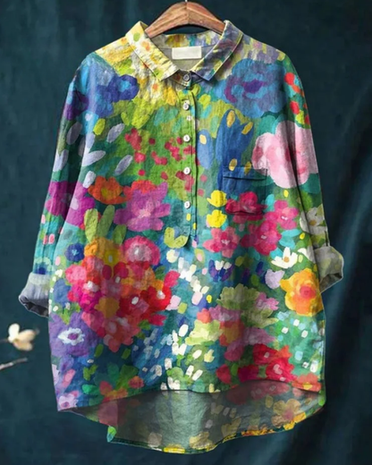 Damen Bluse Floral-Muster Knöpfe