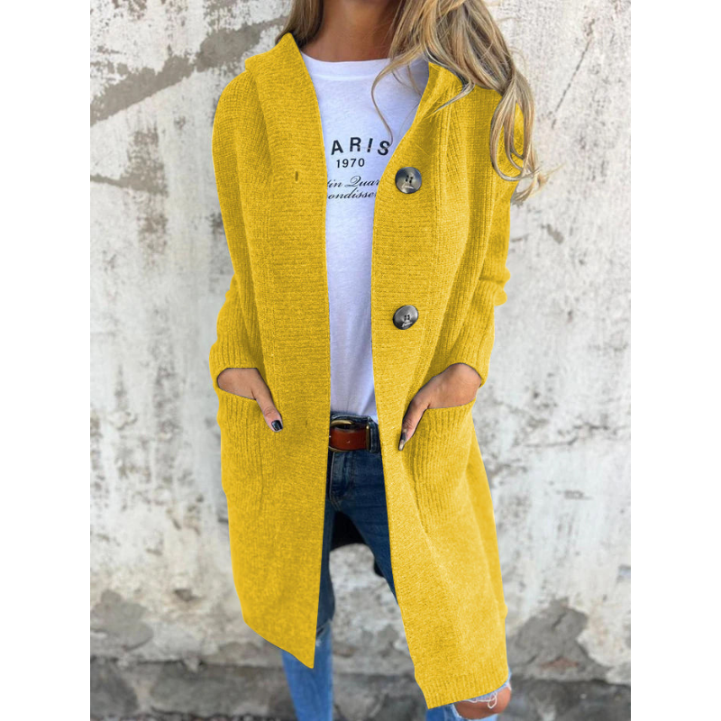 Norvielle Damen Cardigan Lang Mit Kapuze Große Knöpfe