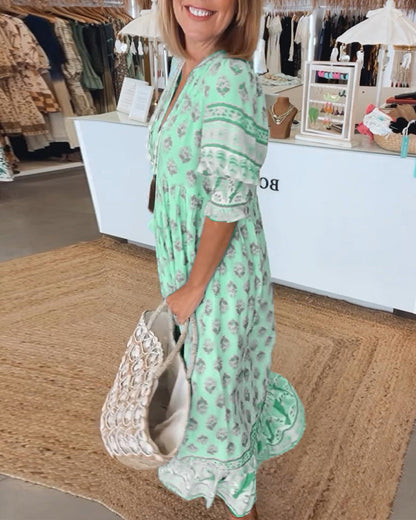 Damen Bedrucktes Sommerkleid V-Ausschnitt Halbärmel