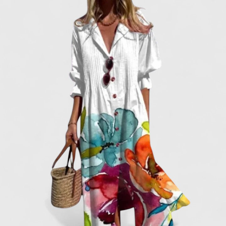 Damen Midi Kleid mit Blumenmuster und Knopfleiste Vorne
