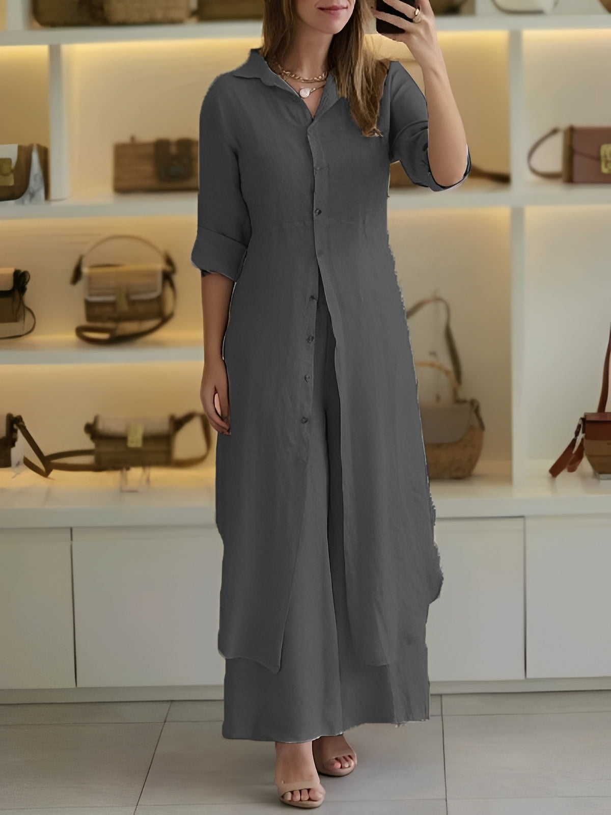 Damen Freizeit Set Langhemd Hose Leicht