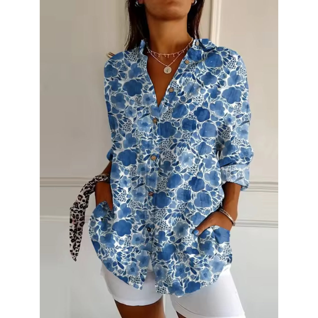 Damen Blumenbluse Knopfleiste Lange Ärmel Luftig Rosa