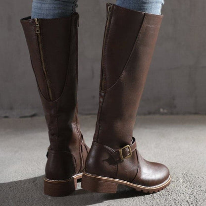 Damen Stiefel Kniehoch Blockabsatz Rundzehen Leder