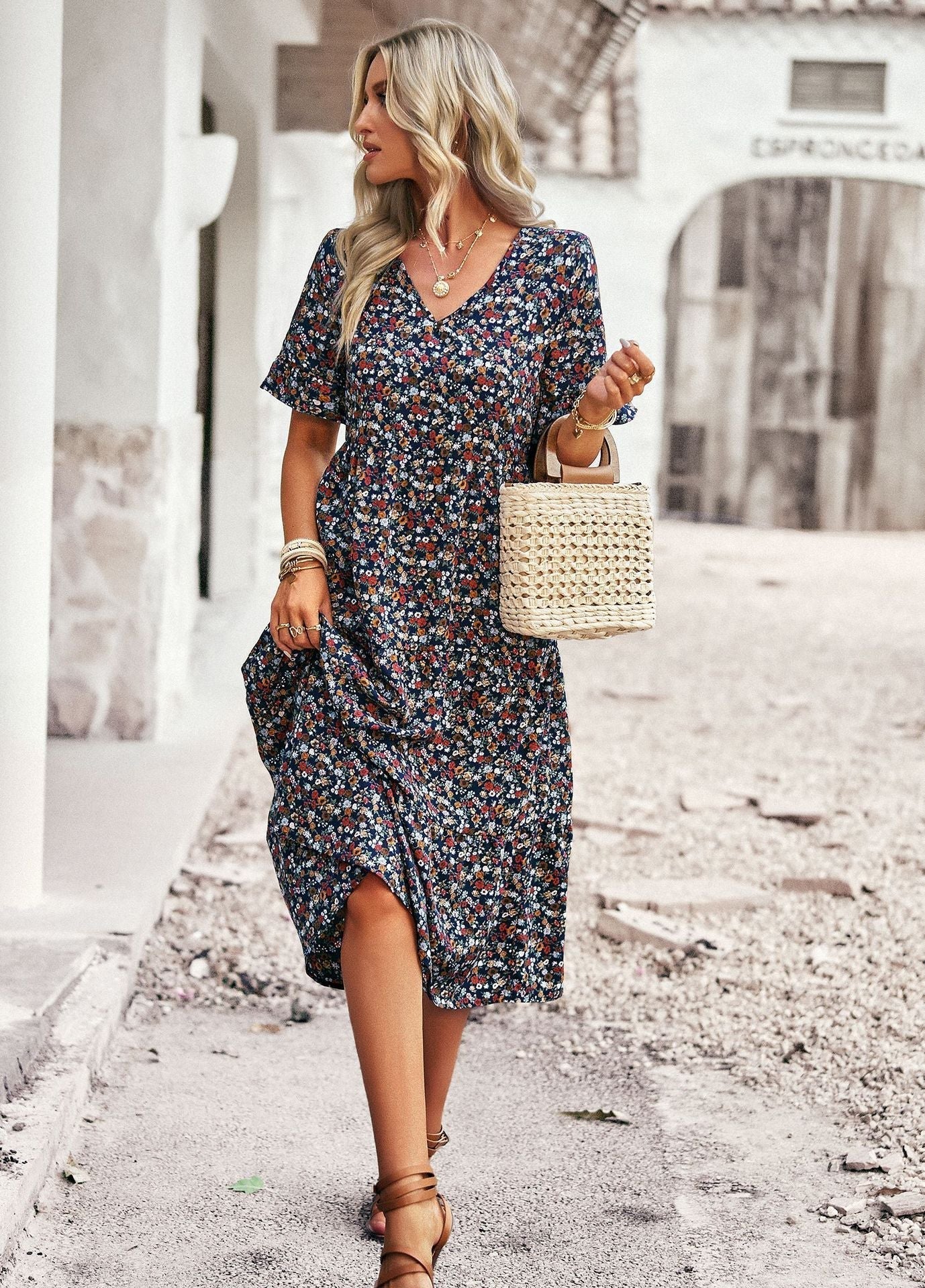 Damen Midikleid Florales Sommerkleid Bequem