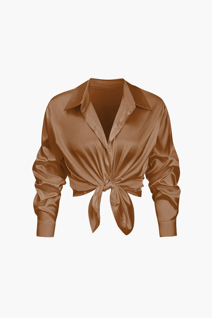 Elegante Damen Langarmbluse Seidiger Satin