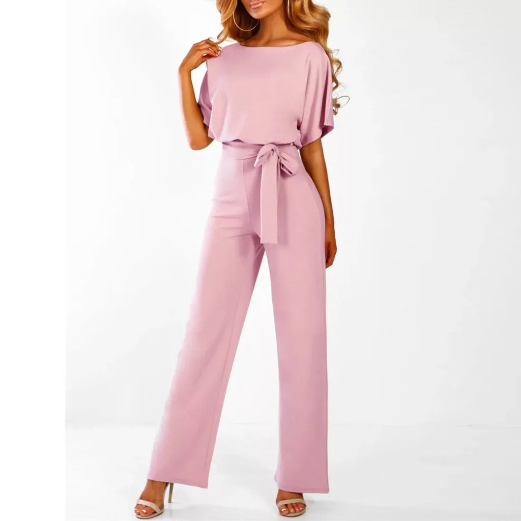 Norvielle Damen Jumpsuit Rüschärmel Gürtel Eleganz Schwarz - Norvielle