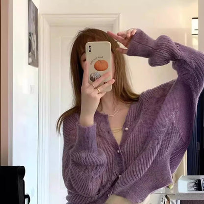 Damen Langarm Cardigan Lila Strick