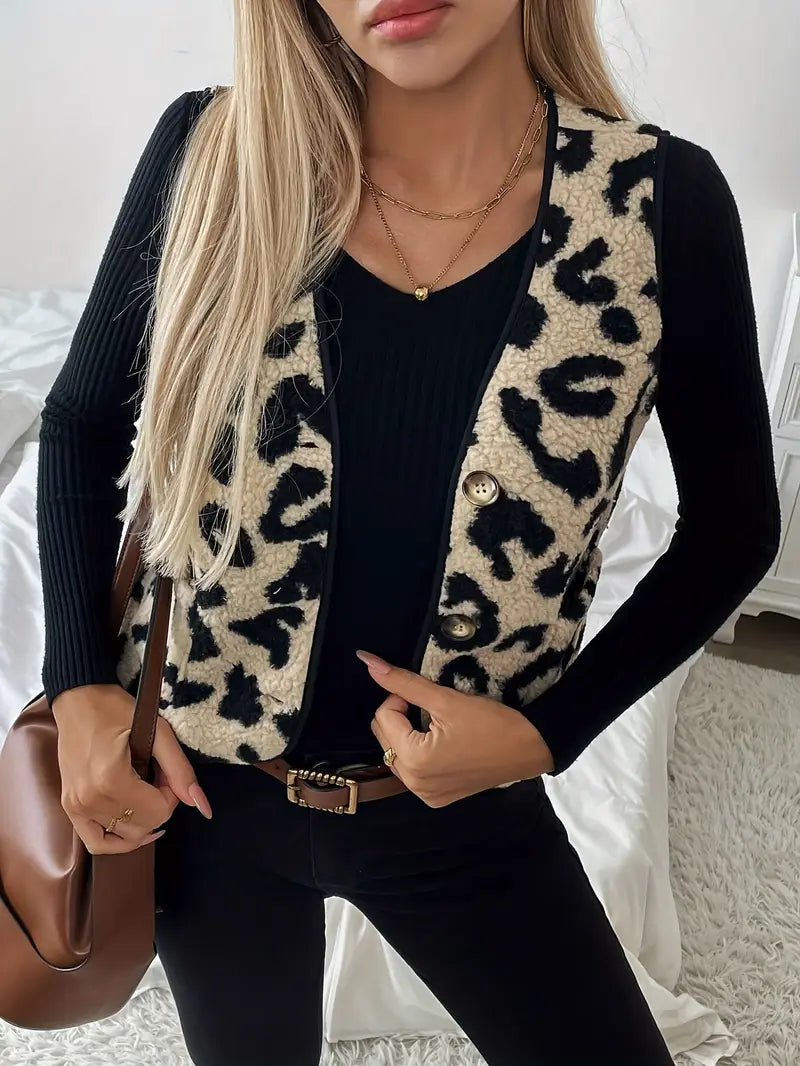 Damen Ärmellose Weste Kunstpelz Leopardenmuster