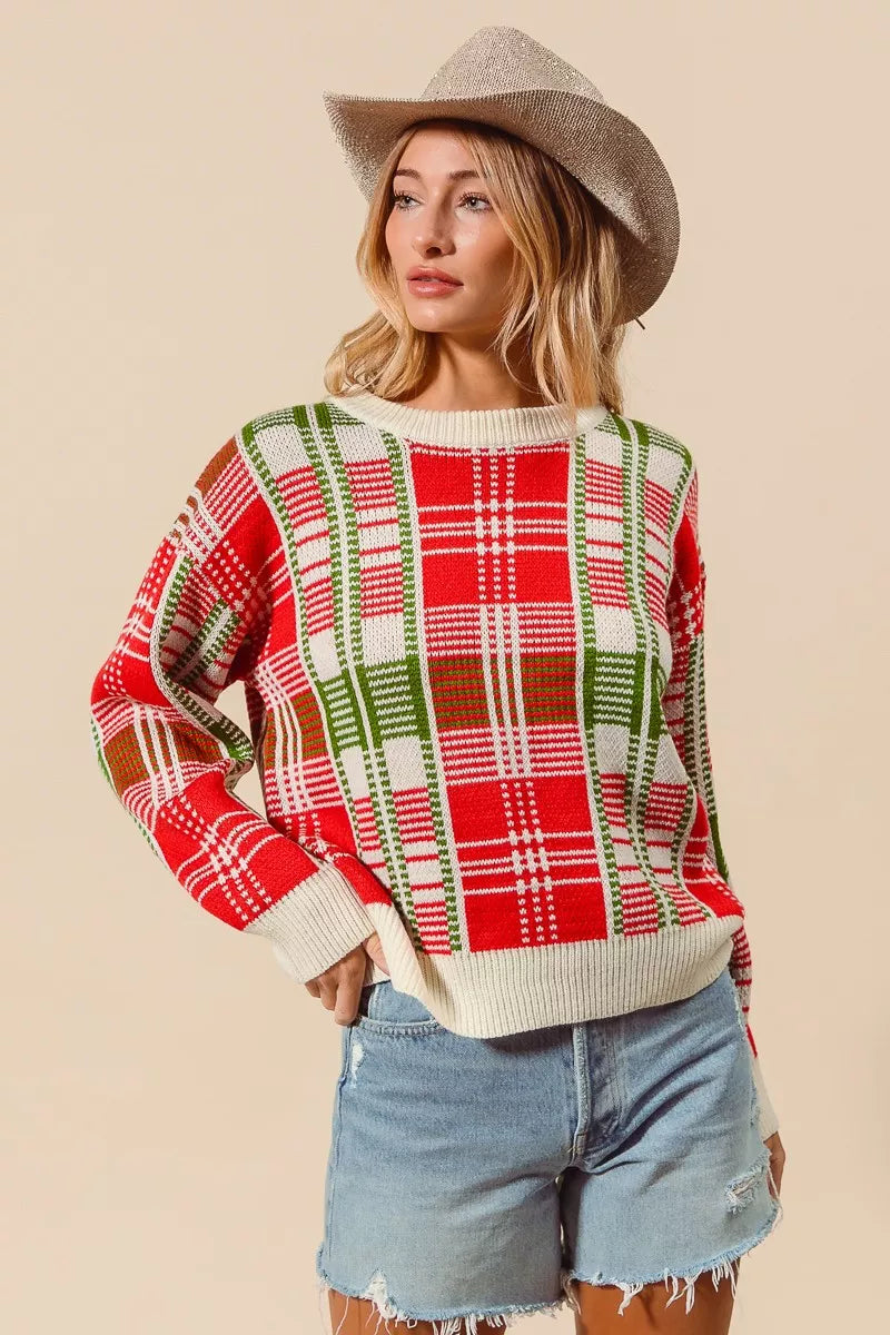 Weihnachtspullover Damen Karierter Rot Grün Rundhals