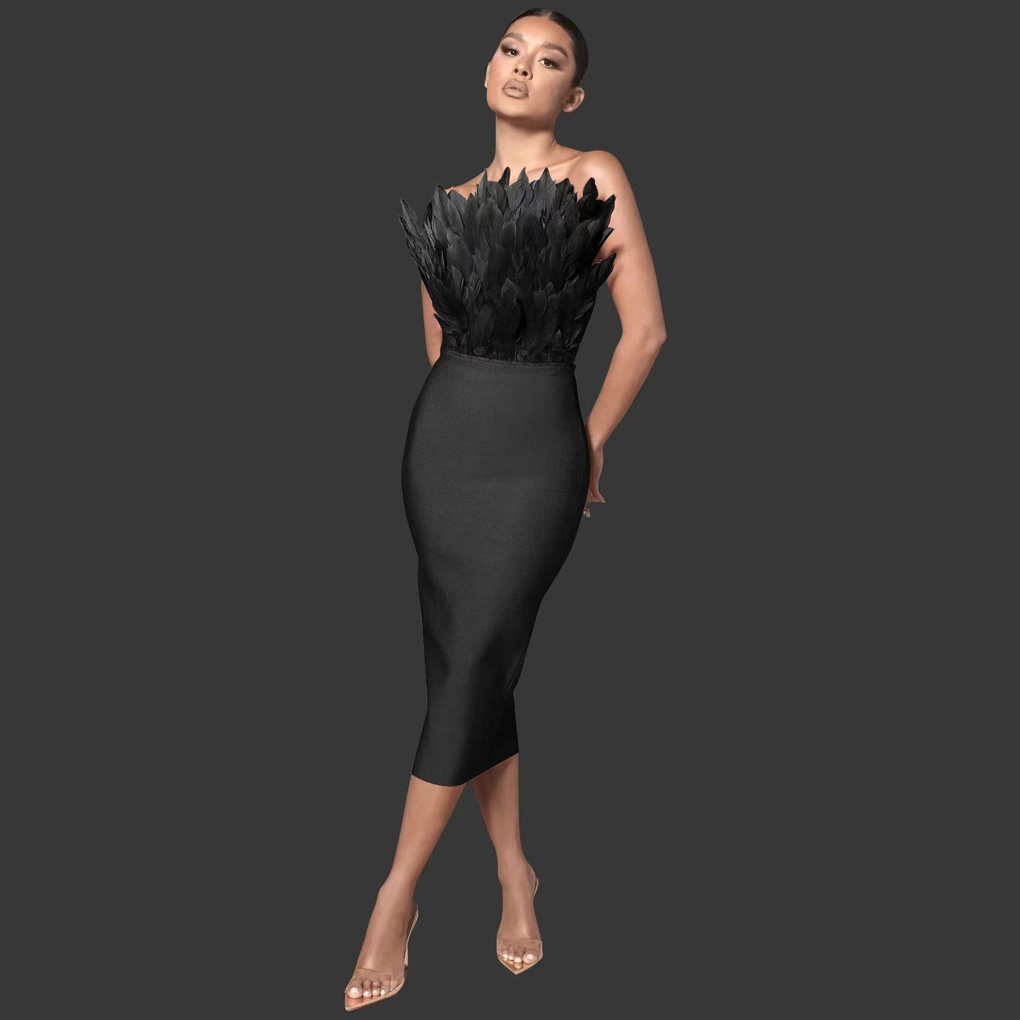 Norvielle Damen Tube--Kleid Federbesatz Elegantes Kleid
