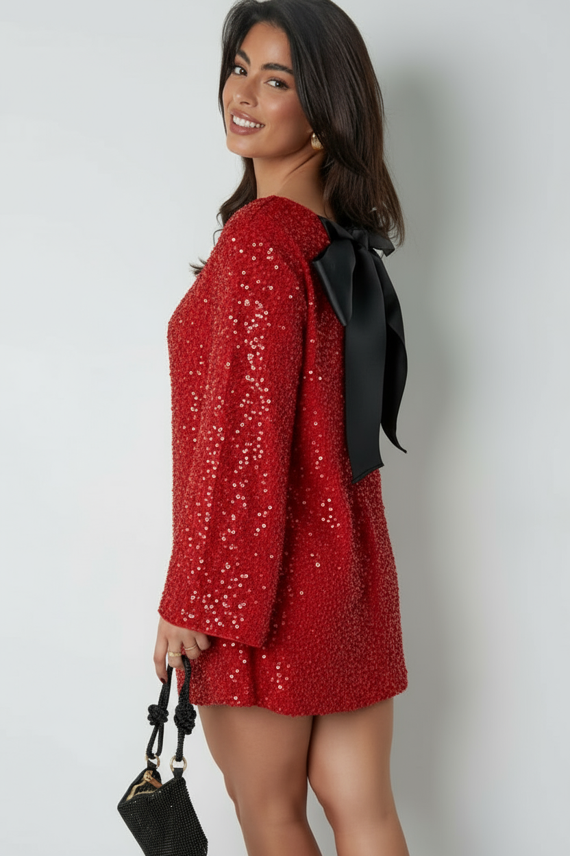 Damen Hochzeitsgast Kleid Langarm Mini mit Schleife