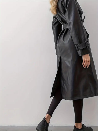 Damen Trenchcoat Langer Gürtetragender Kunstleder
