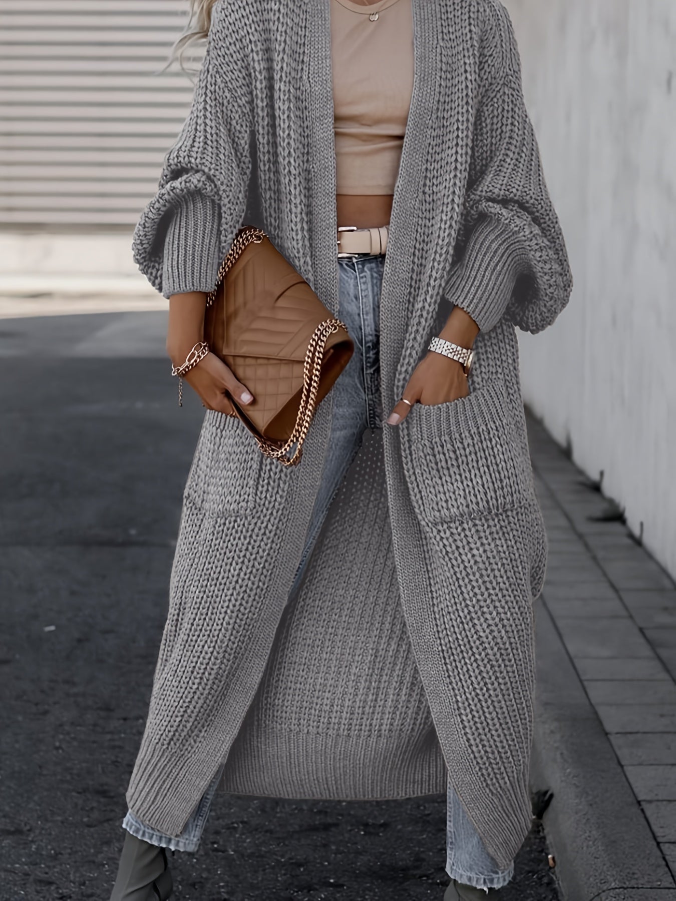 Damen Strickcardigan Wolle Taschen Beige