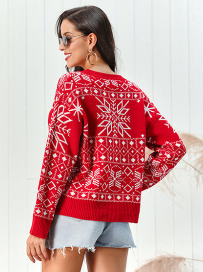 Damen Weihnachtspullover Rundhals Rot Schneemuster
