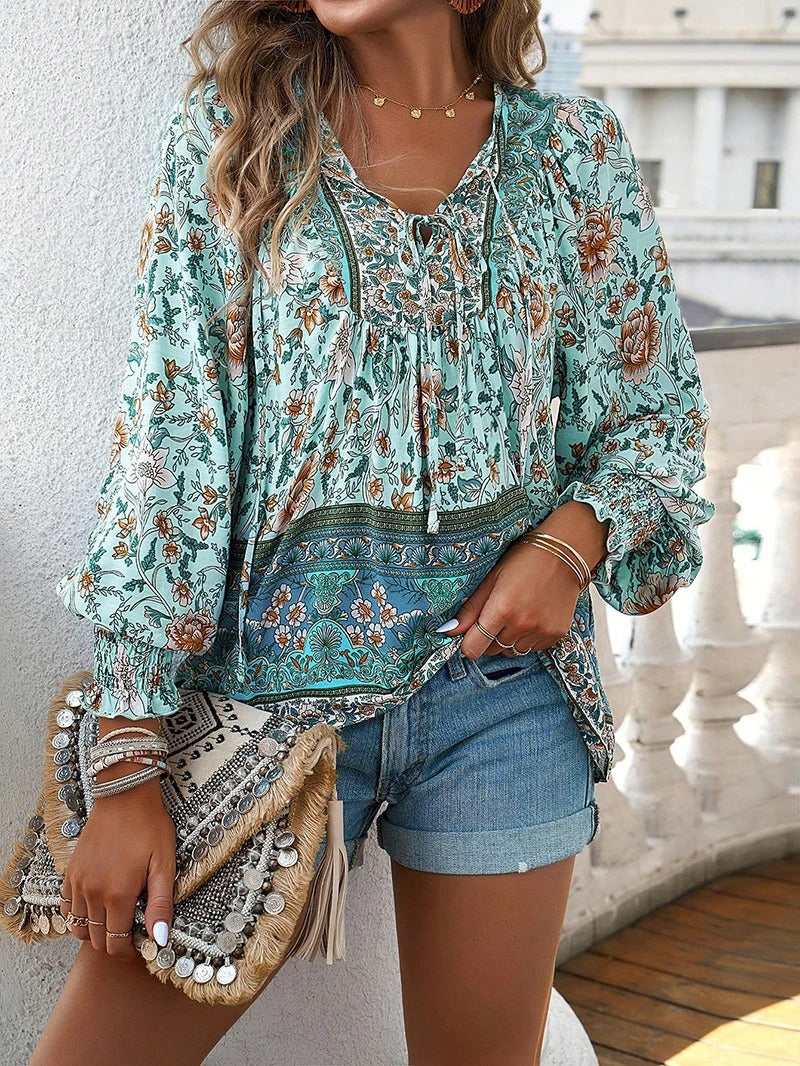 Damen Boho Bluse Blumenmuster Lange Ärmel Bindekragen