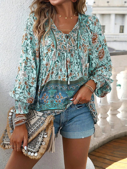 Damen Boho Bluse Blumenmuster Lange Ärmel Bindekragen