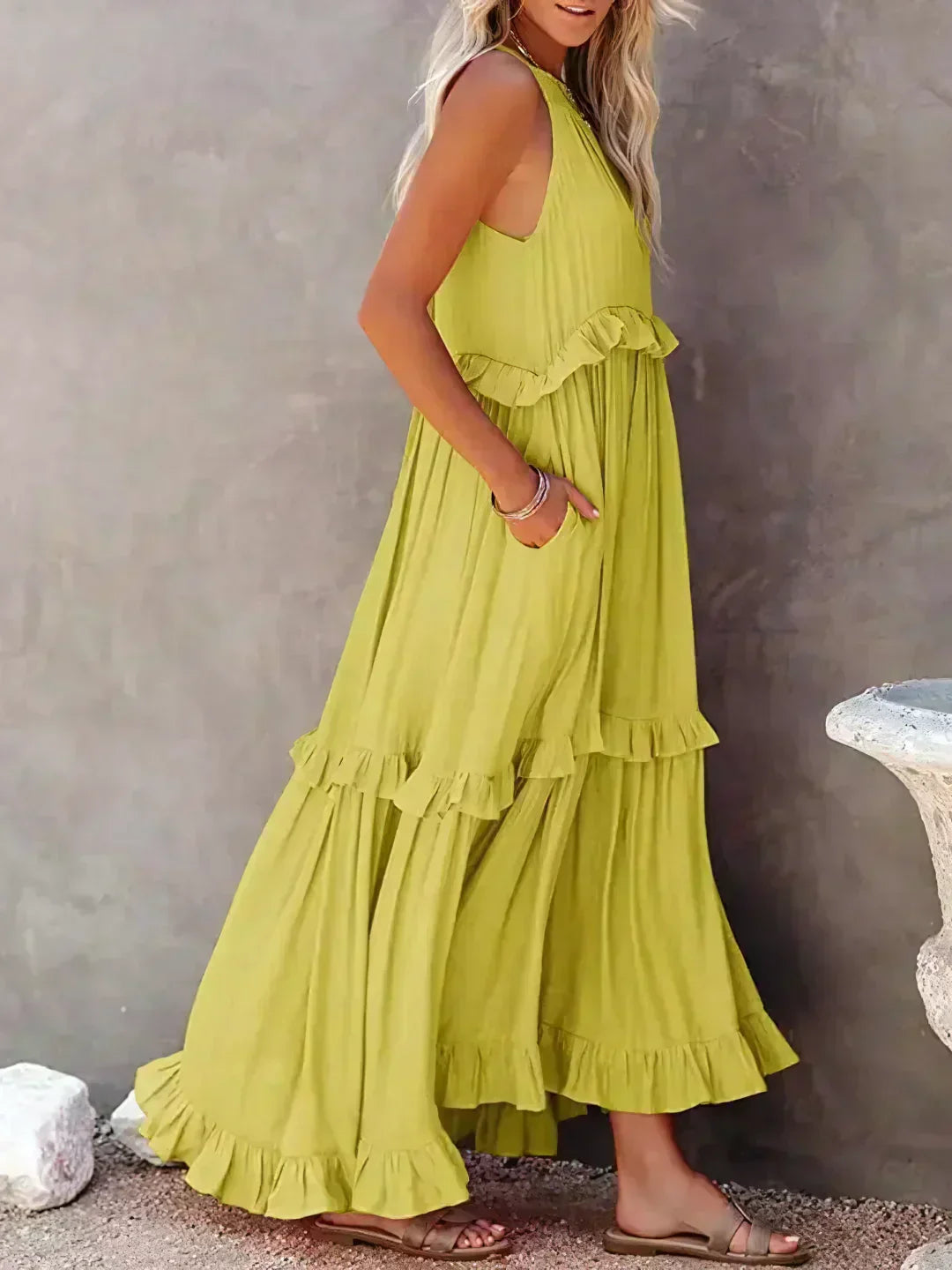Damen Maxikleid Volants Neckholder Ausschnitt Sommerlich Feminin