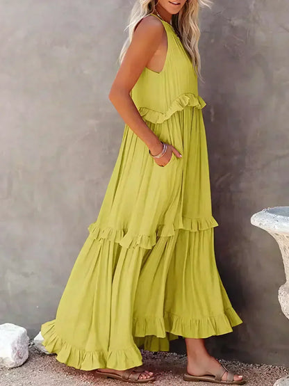 Damen Maxikleid Volants Neckholder Ausschnitt Sommerlich Feminin