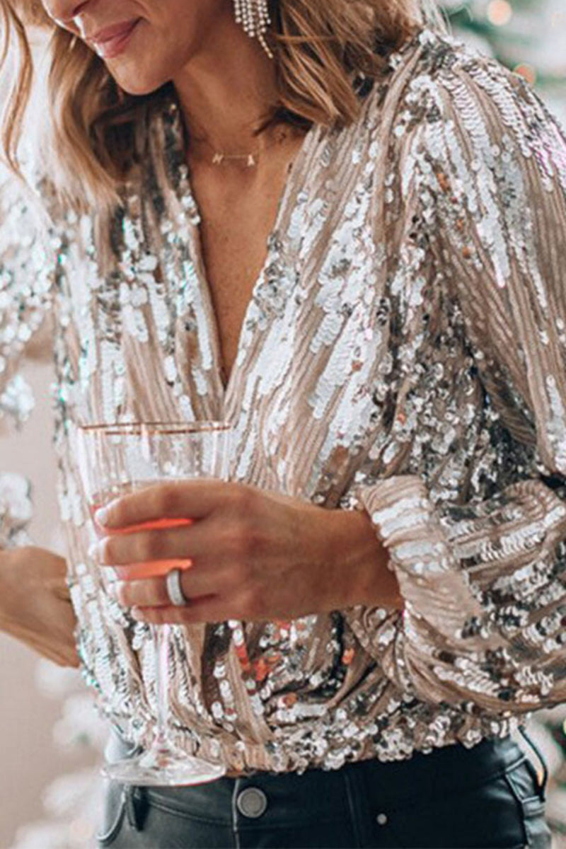 Tinky Damen Glitzerbluse V-Ausschnitt Puffärmel Lurex Effekt