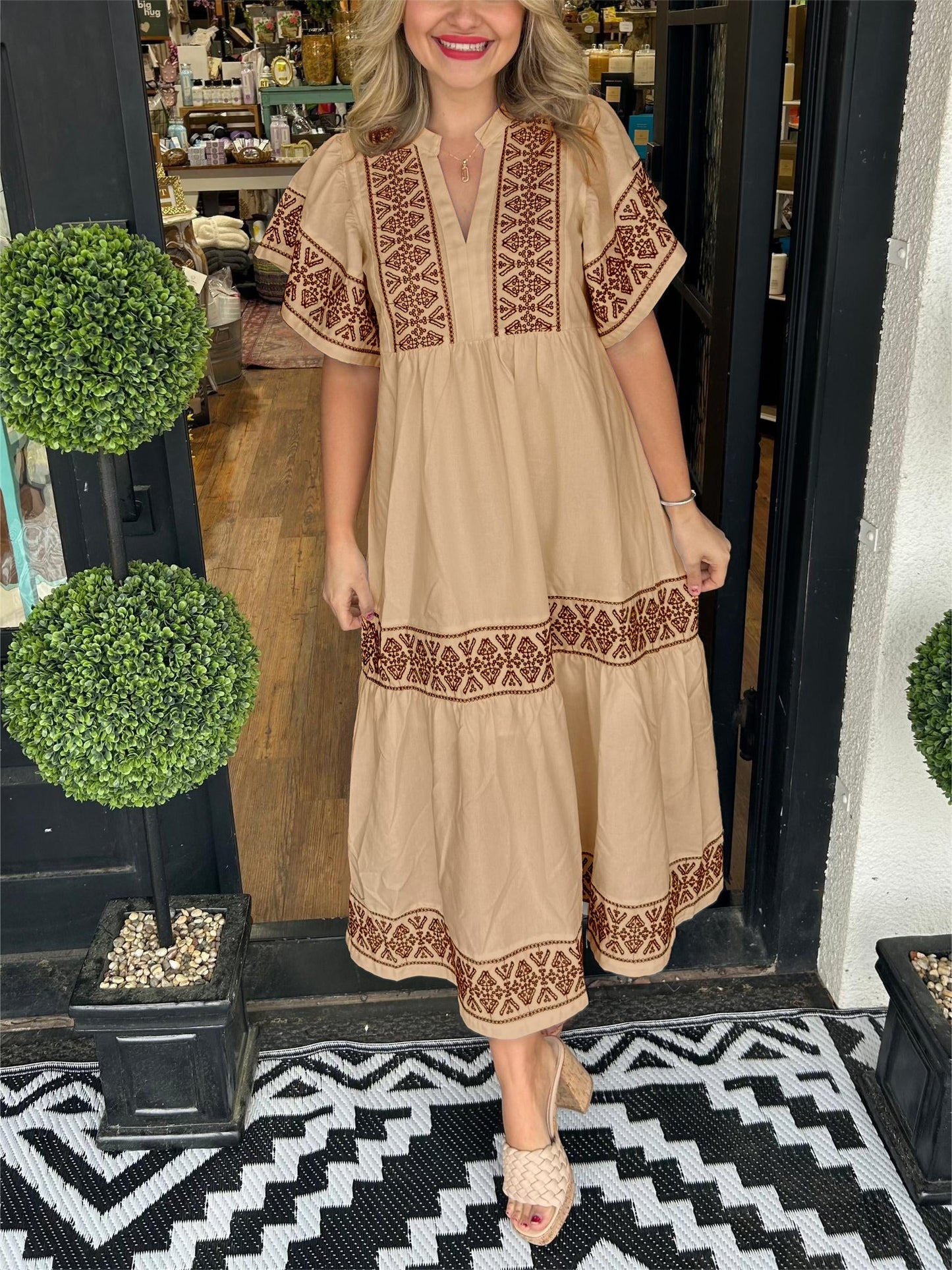 Damen Ibiza Style Midi Kleid V-Ausschnitt Weite Ärmel Lockere Passform