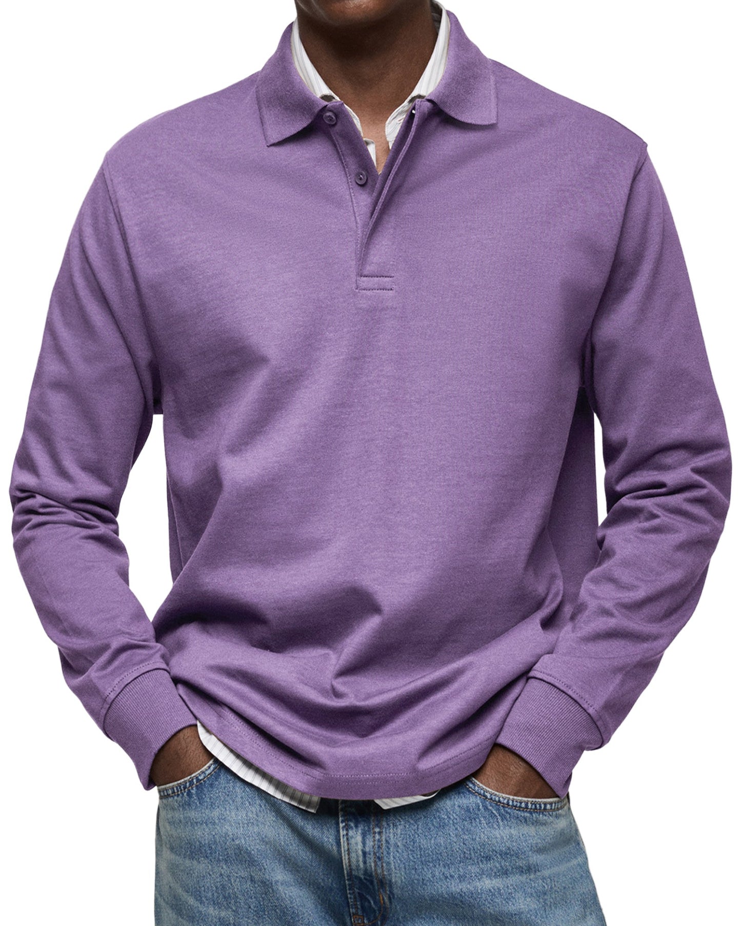 Herren Langarm-Poloshirt Knopfleiste Klassisch Weiß