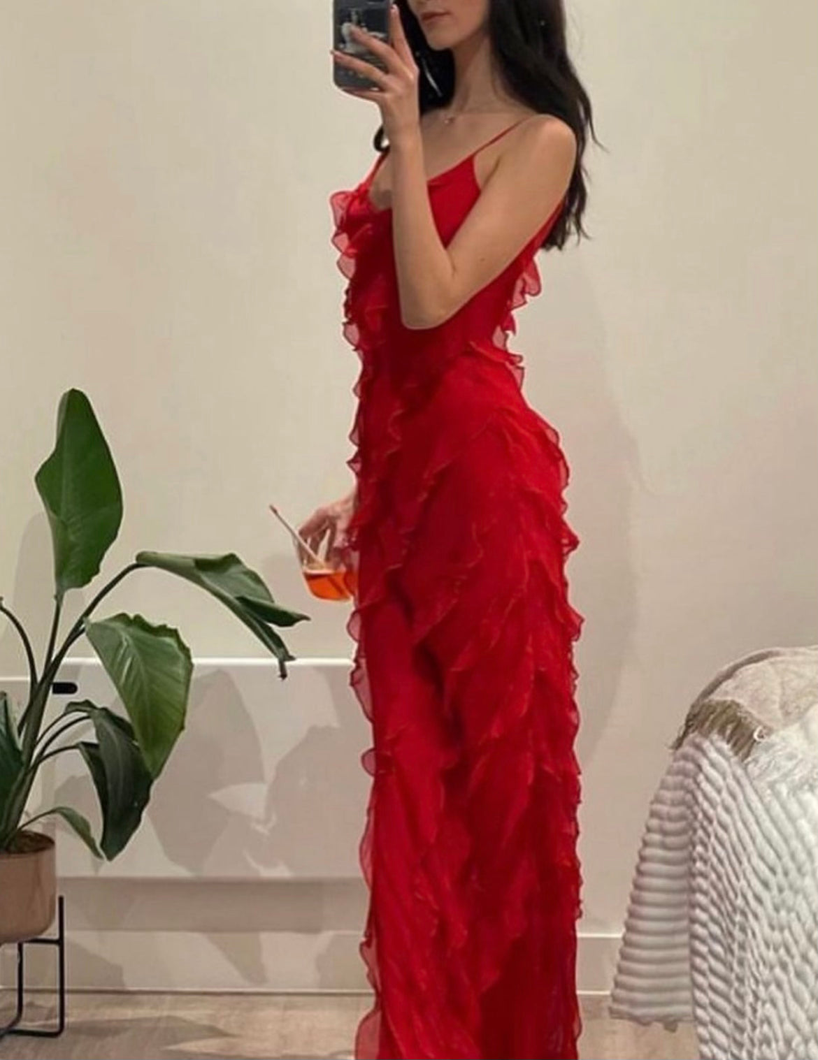 Damen Maxikleid Rüschen Abendkleid Spaghettiträger