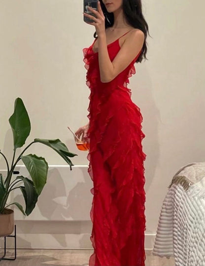 Damen Maxikleid Rüschen Abendkleid Spaghettiträger