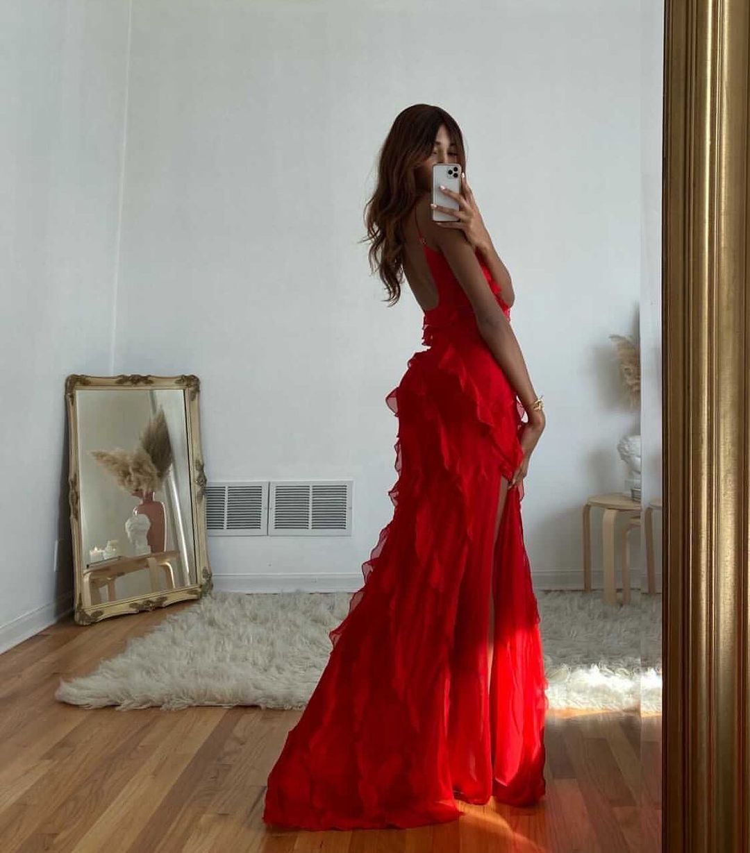 Damen Maxikleid Rüschen Abendkleid Spaghettiträger