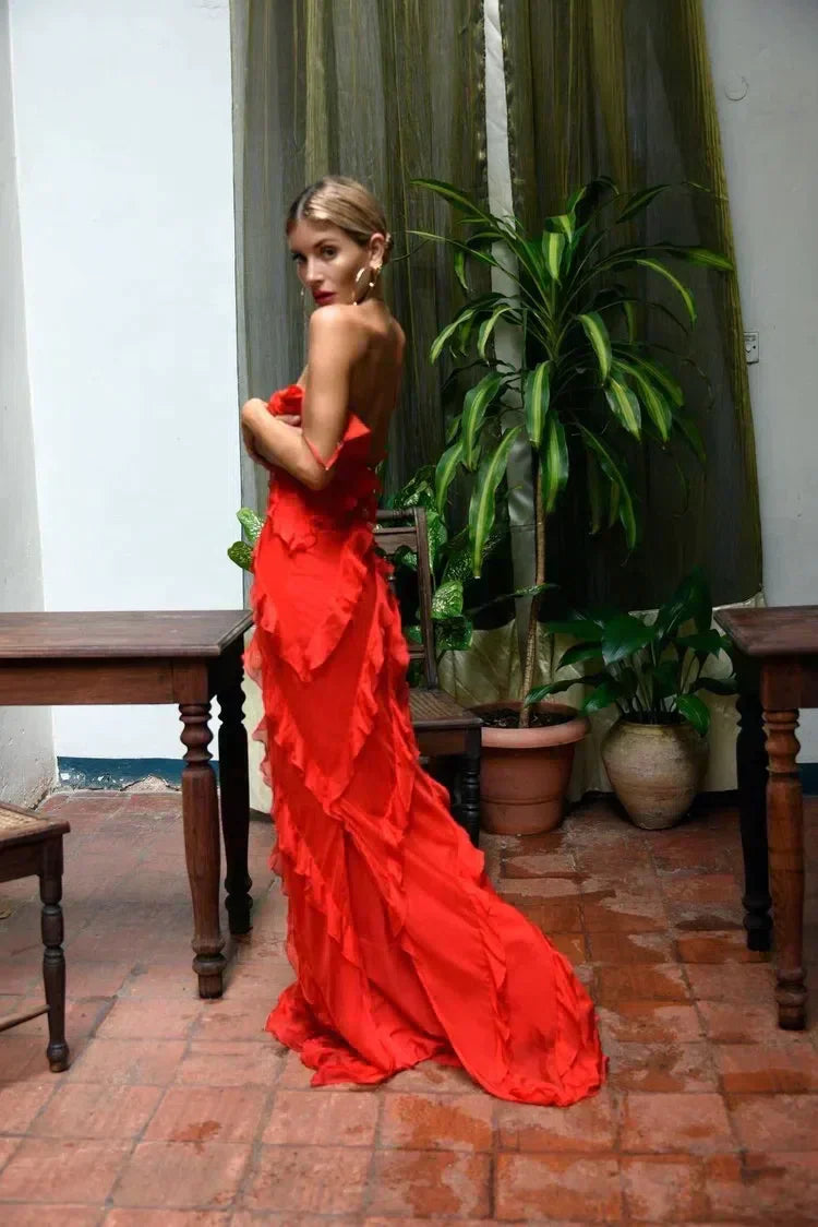 Damen Maxikleid Rüschen Abendkleid Spaghettiträger
