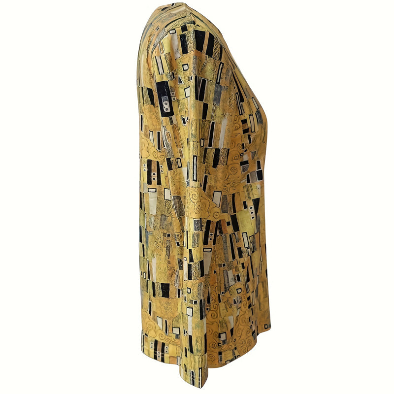Gelbe Damenbluse Abstrakt Print Rundhals