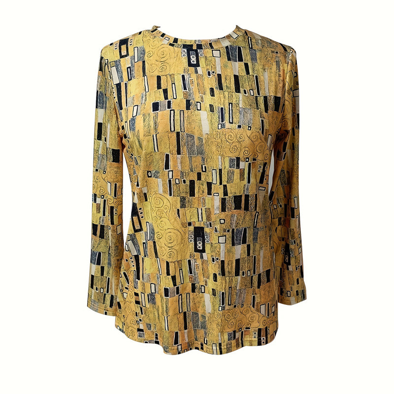 Gelbe Damenbluse Abstrakt Print Rundhals