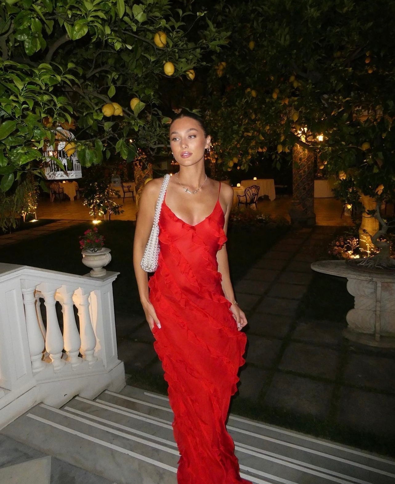 Damen Maxikleid Rüschen Abendkleid Spaghettiträger
