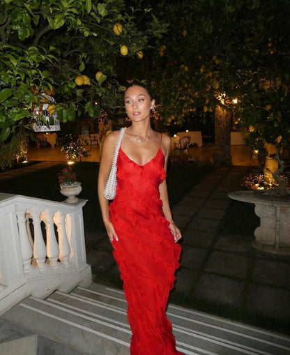 Damen Maxikleid Rüschen Abendkleid Spaghettiträger
