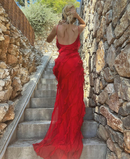 Damen Maxikleid Rüschen Abendkleid Spaghettiträger