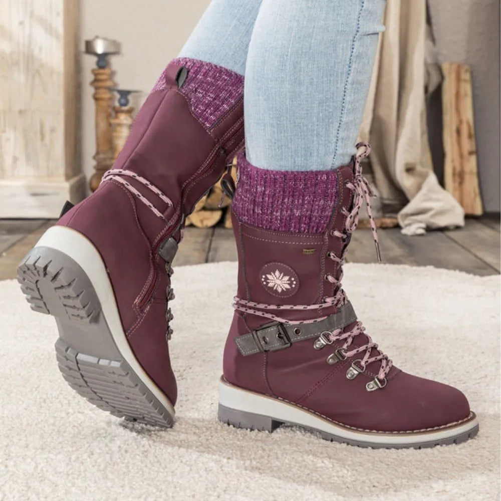 Damen Winterstiefel Leder Schnürverschluss Rutschfeste Sohle