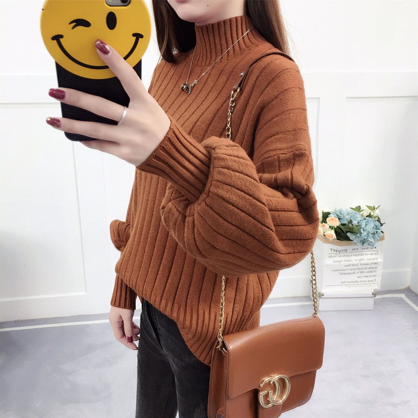 Damen Strickpullover Hoher Kragen Lässig Beige