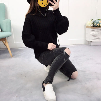 Damen Strickpullover Hoher Kragen Lässig Beige