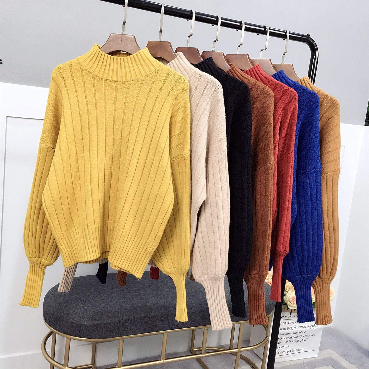Damen Strickpullover Hoher Kragen Lässig Beige - Norvielle
