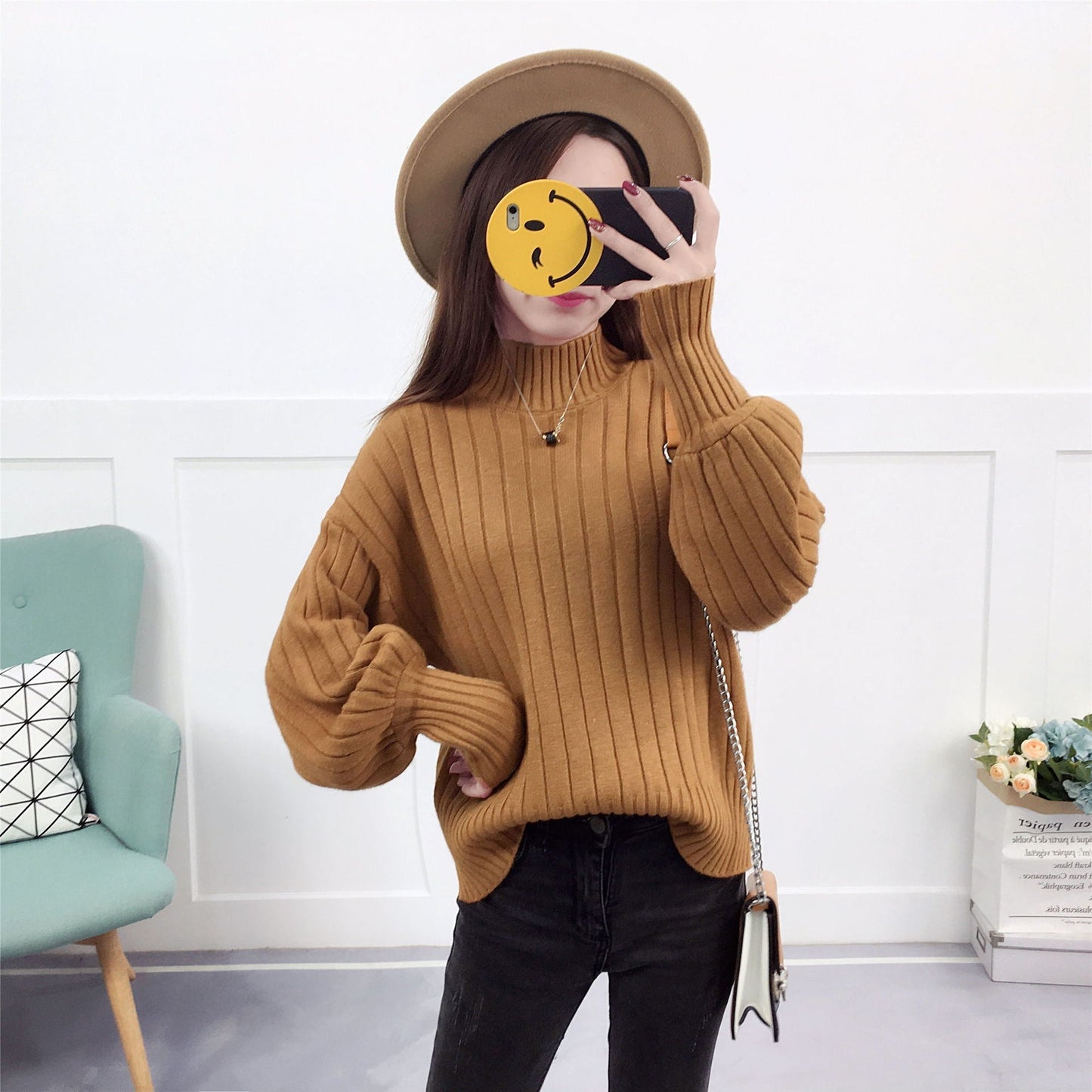 Damen Strickpullover Hoher Kragen Lässig Beige