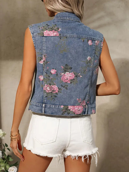 Kurzana Damen Ärmellose Jeansweste Blumen-Print Lockere Passform