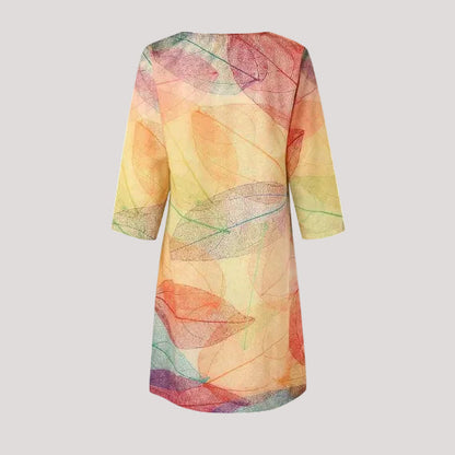Damen Sommerkleid Midi Blattmuster V-Ausschnitt