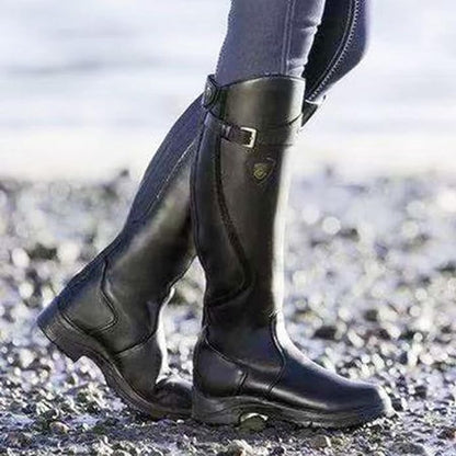 Kniehohe Damenstiefel Riemendetail Leder