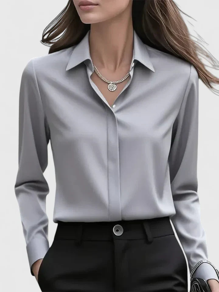 Damen Satin Bluse Mit Knopfleiste Weiß