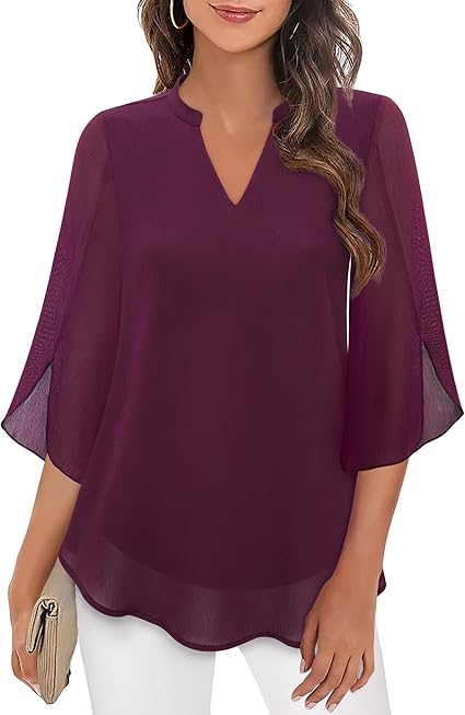 Damen Chiffon Bluse Doppelschicht Leicht Rosa