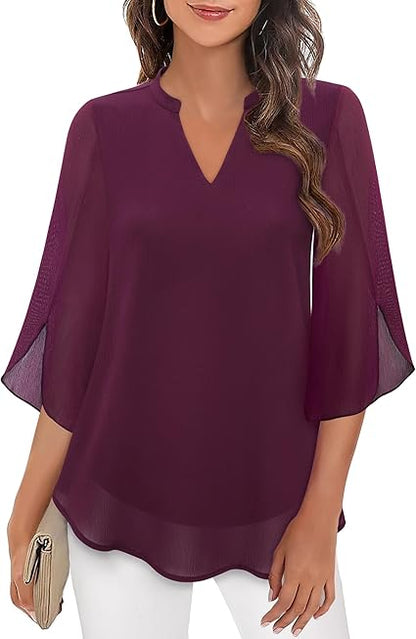Damen Chiffon Bluse Doppelschicht Leicht Rosa