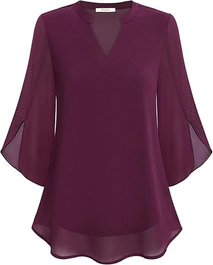 Damen Chiffon Bluse Doppelschicht Leicht Rosa