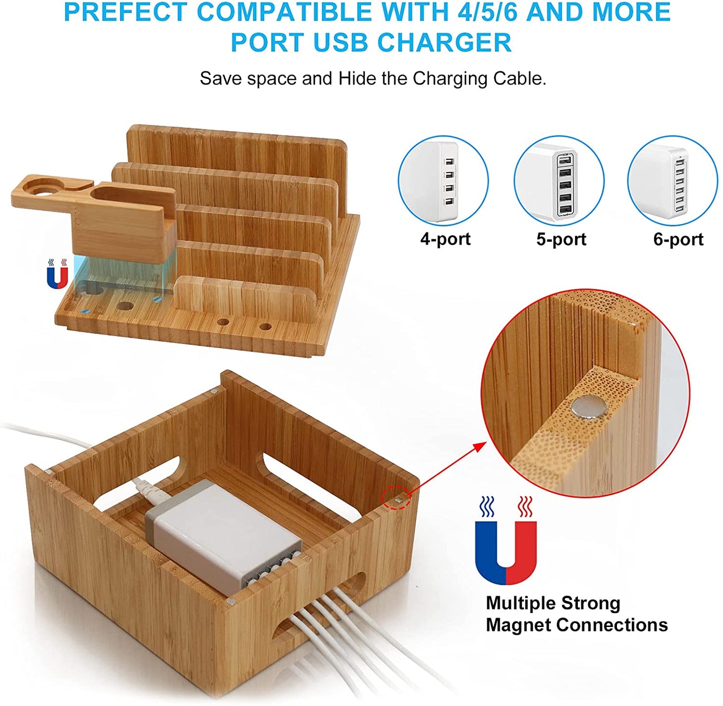 Bambus Lade-Station 5-Port USB Organizer